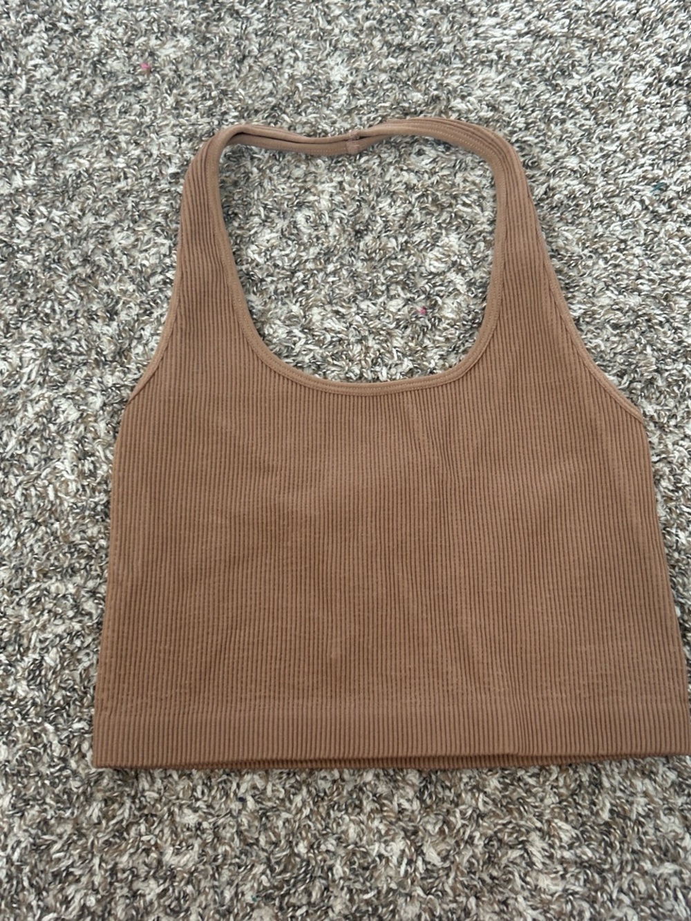 Brown Ribbed Scoop Neck Crop Tank Top